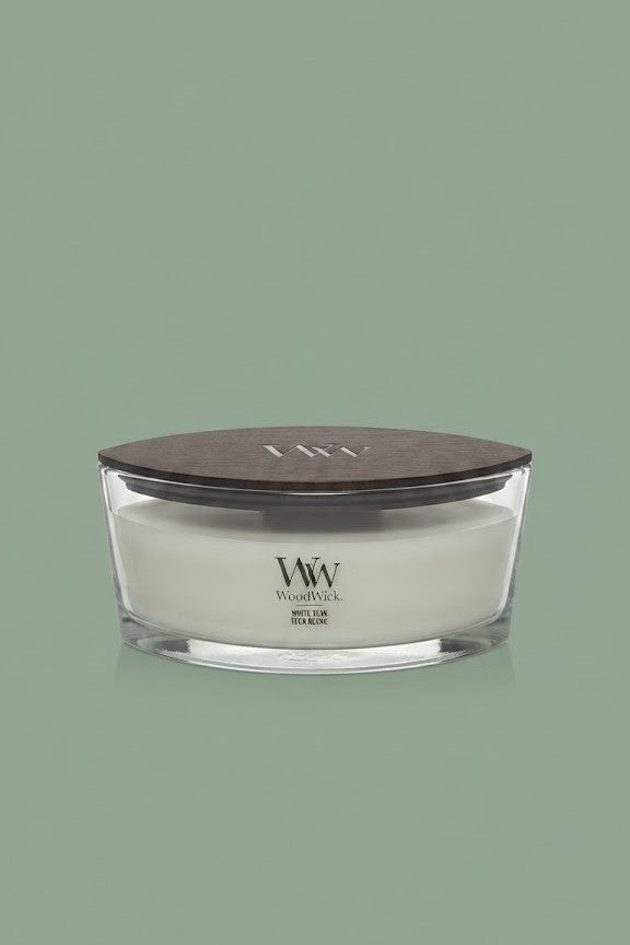 Bougie WoodWick Ellipse Teck blanc